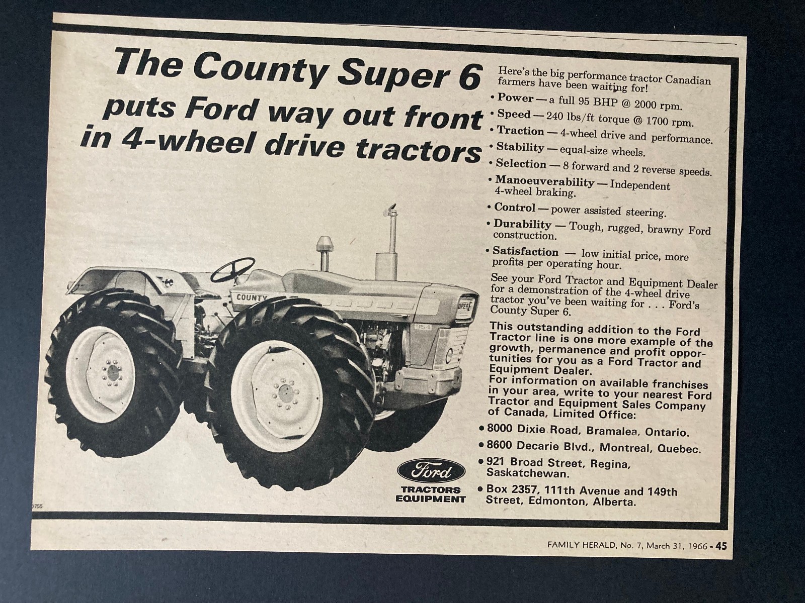 1966 CANADA CANADIAN AD FORD TRACTOR SUPER SIX 4 WHEEL DRIVE