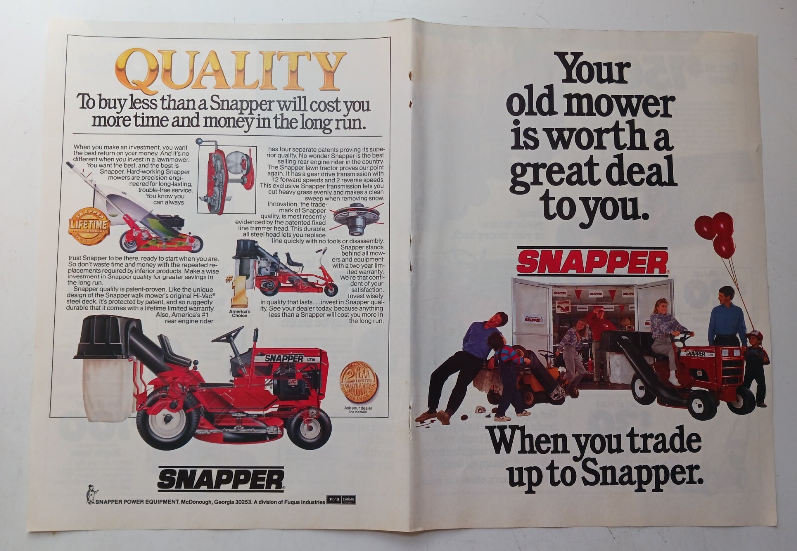 1989 Snapper Power Equipment Tools Garden Lawn 2-sided Centerfold Vintage Ad