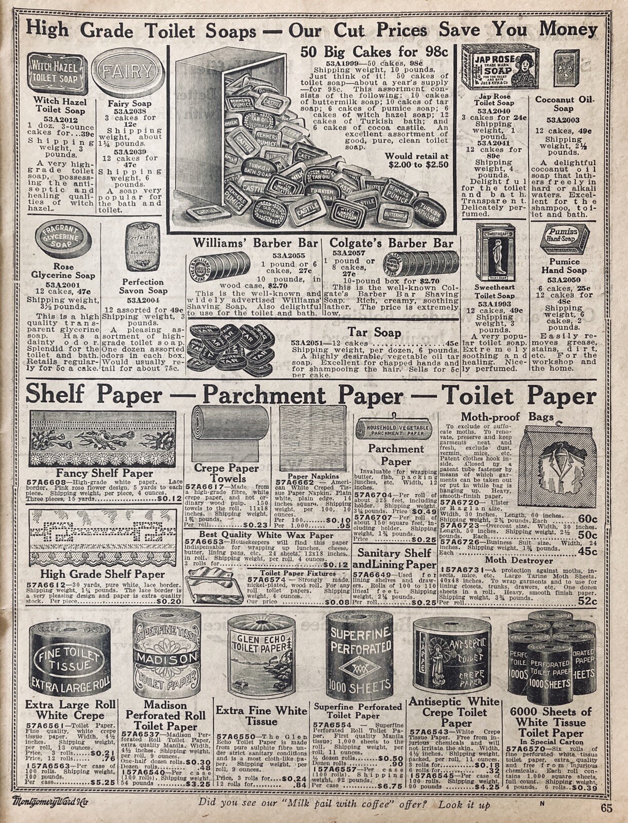 1916 AD.(XG3)~MONTGOMERY WARD CO. CATALOG PG.~SOAPS, TOILET PAPER