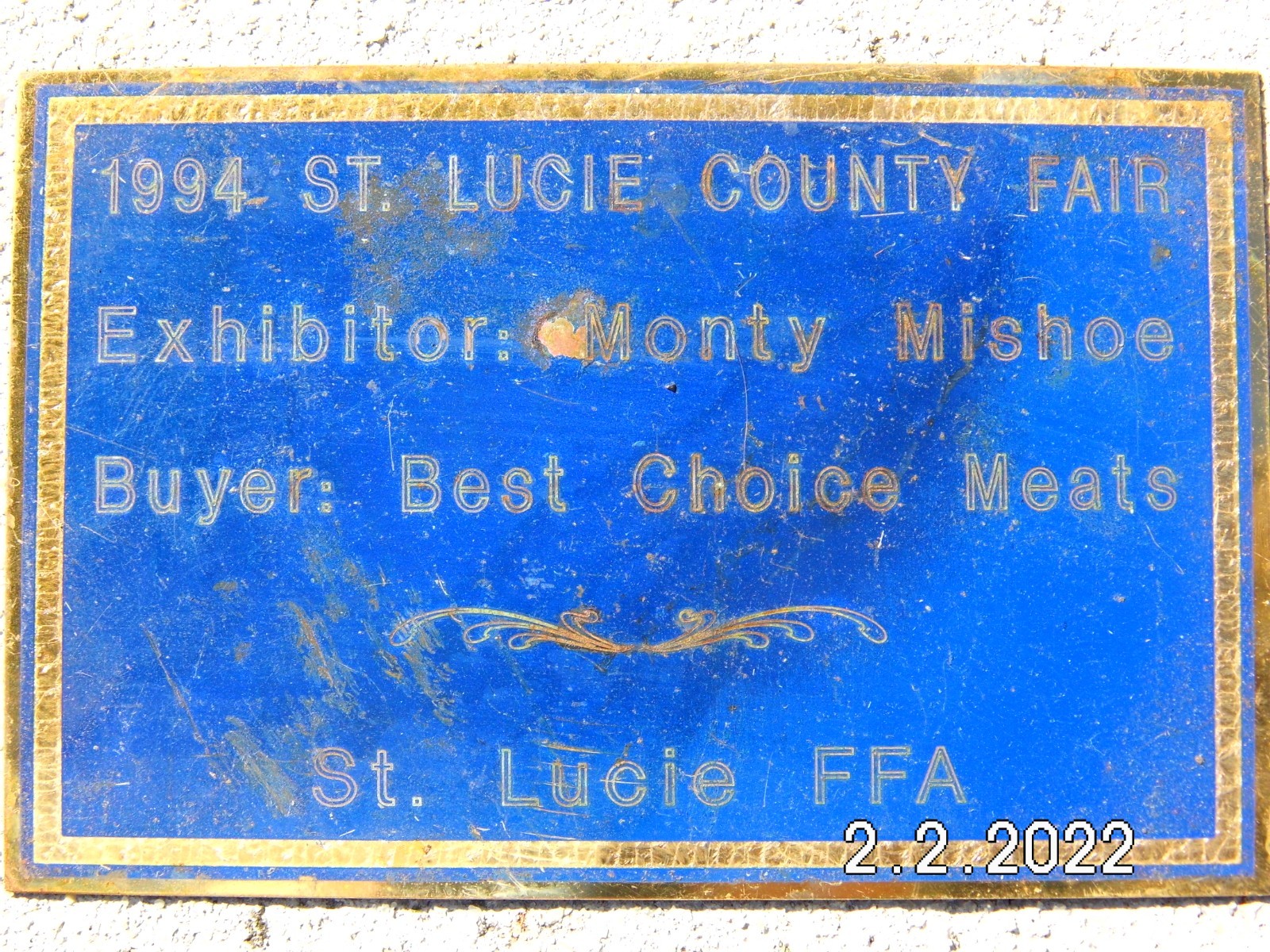 1994 St. Lucie FFA County Fair Exhibitor Plaque 5-7/8&Prime;x 3-7/8&Prime; Best Choice Meats