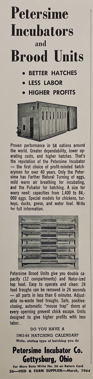 1964 AD.(XH53)~PETERSIME INCUBATOR CO. GETTYSBURG, OHIO. INCUBATORS AND BROODERS