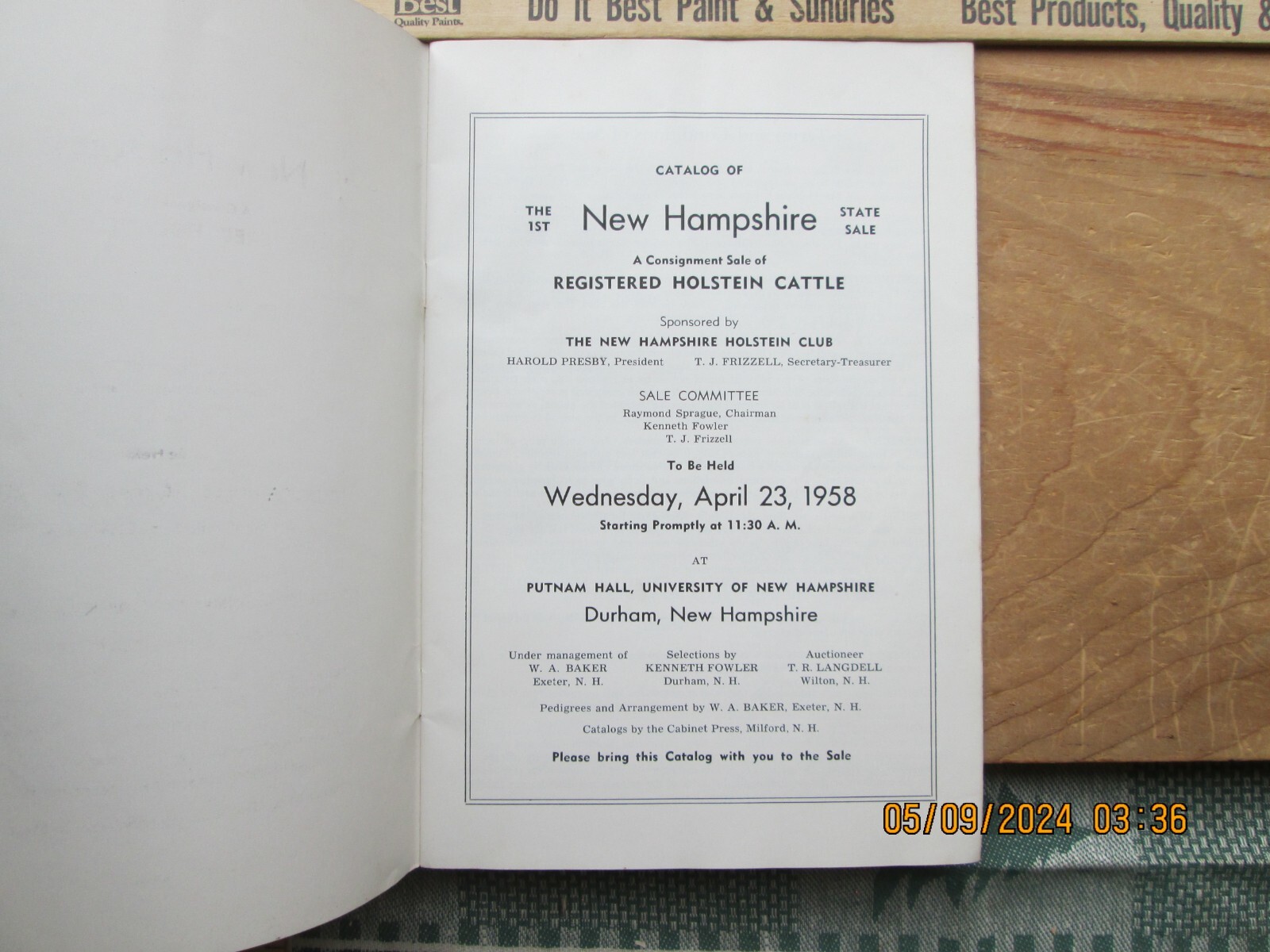 Catalog of New Hampshire consignment sale of registered holstein cattle 1958