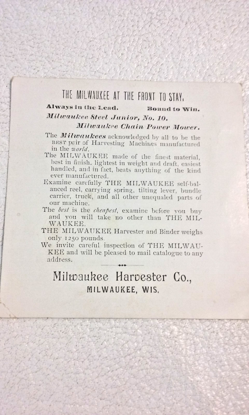 vintage Milwaukee Harvester Co. Nautical Scene Victorian Advertising Trade Card