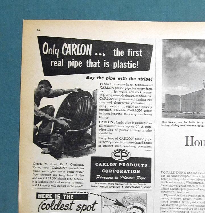 1952 Magazine Carlon Pipe Ad Photo Endorsed by George M Kent of Corsicana Texas