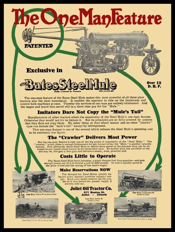 1917 Bates Steel Mule by Joliet Oil Tractor Co NEW Metal Sign: 12×16&Prime; Ships Free