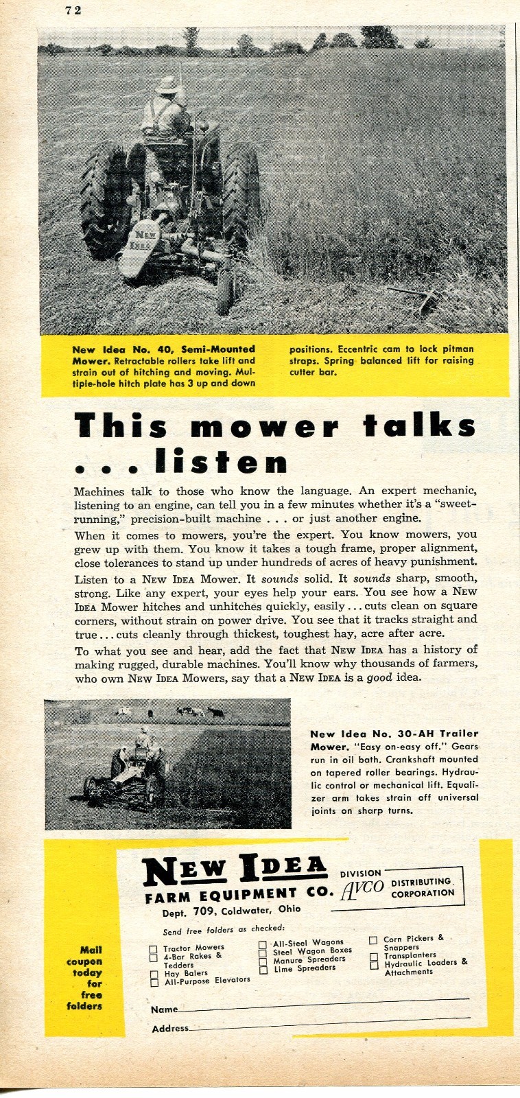 1953 Print Ad of Avco New Idea No 40 Semi-Mounted Tractor & 30-AH Trailer Mower