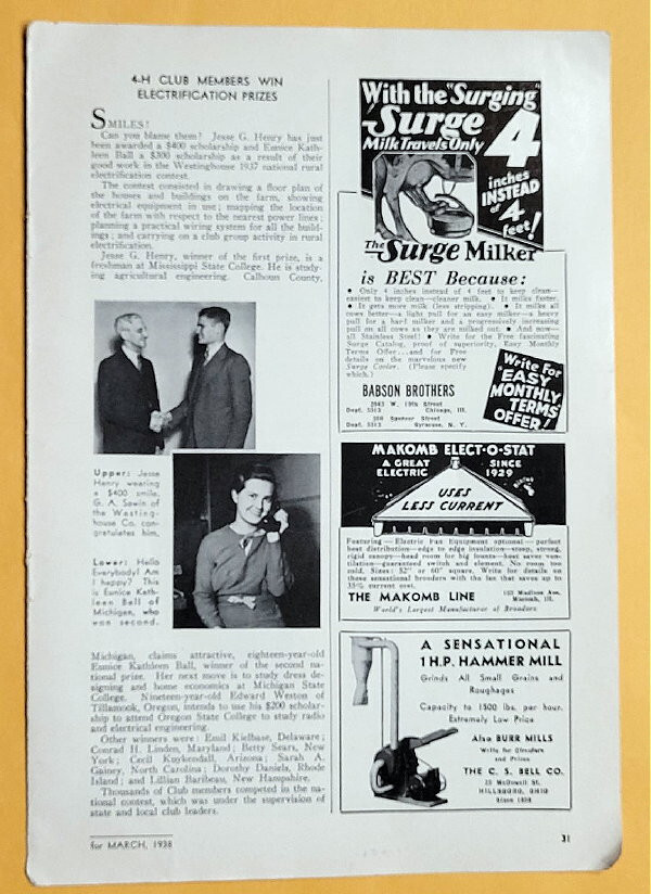 Original 1938 4-H Article Features Eunice Kathleen Ball, Calhoun County Michigan