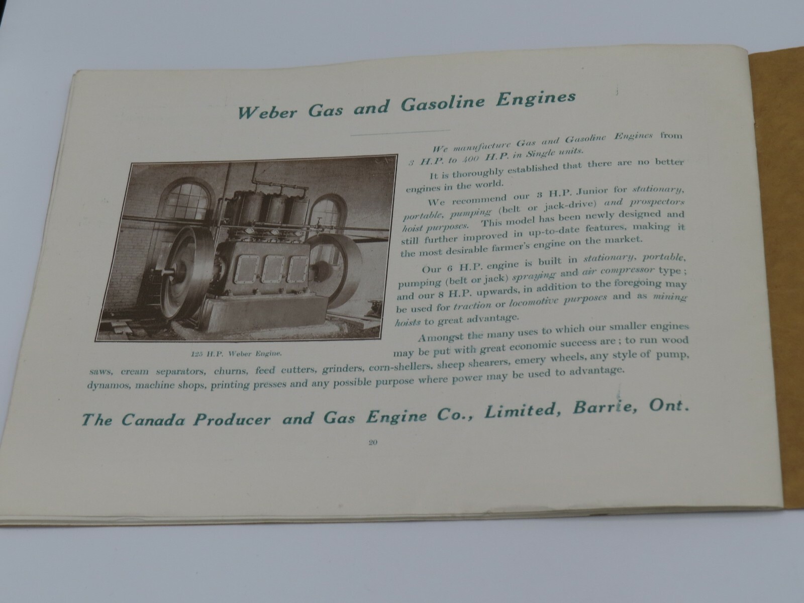 Vintage WEBER Gas Engines Canada Heavy Hit Miss Engine CATALOG brochure HUGE