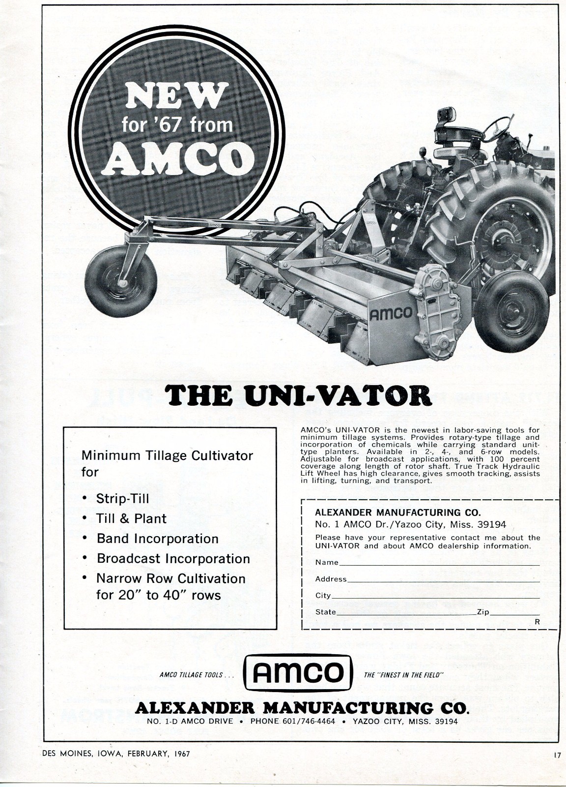 1967 Print Ad of Alexander Manufacturing Co AMCO Tractor Uni-Vator Tiller