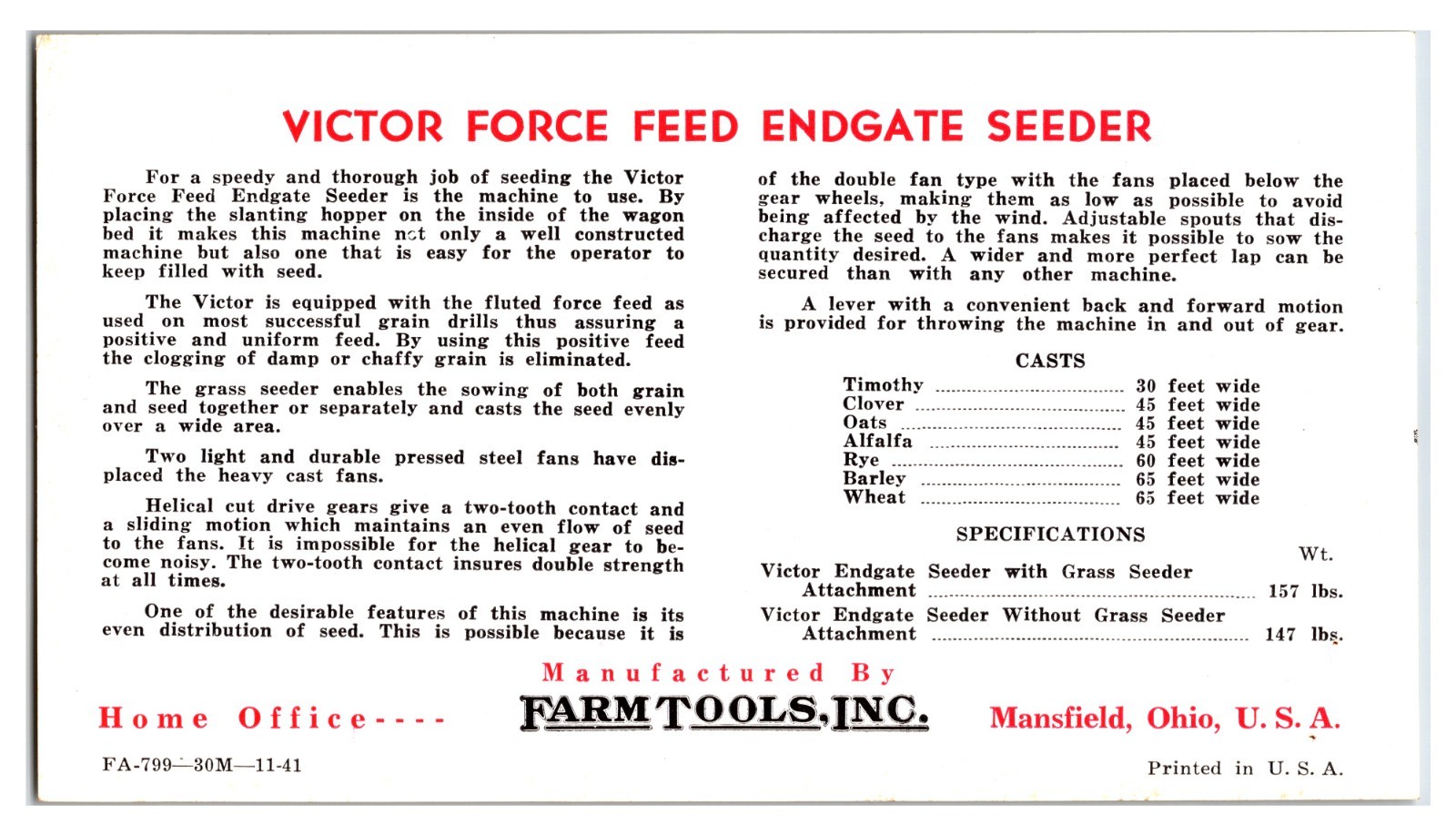 Farm Tools Inc. Victor Force Endgate Seeder Original Print Ad (6in x 4) Brochure