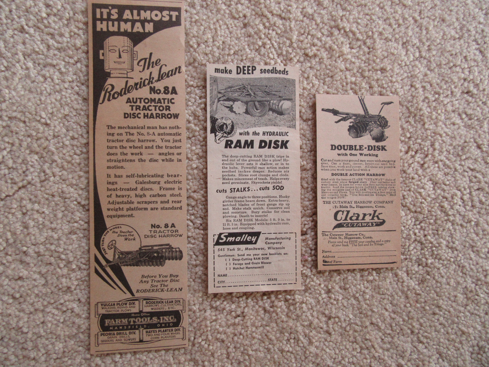 Ads, Clark Double-Disk Cutaway, Smalley Ram Disk, Roderick-Lean Disc Harrow #8A