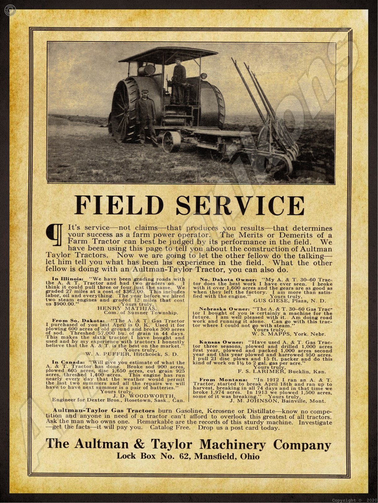 1915 Aultman Taylor Farm Tractor New Metal Sign: Mansfield, Ohio