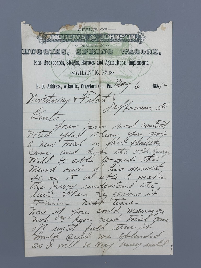 1885 WAGONS Buggies SLEIGHS Farm ATLANTIC PA Andrews Johnson Advertising Letter