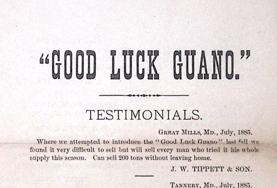 1880s Good Luck Guano Testimonials Print Ad Flyer Fertilizer Farming Gardening