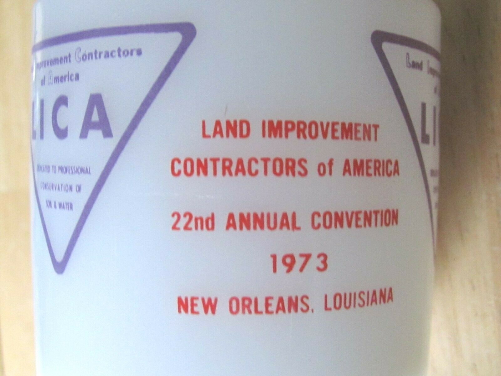 1973 MILK GLASS COFFEE CUP NEW ORLEANS LICA LAND IMPROVEMENT CONTRACTORS FARM