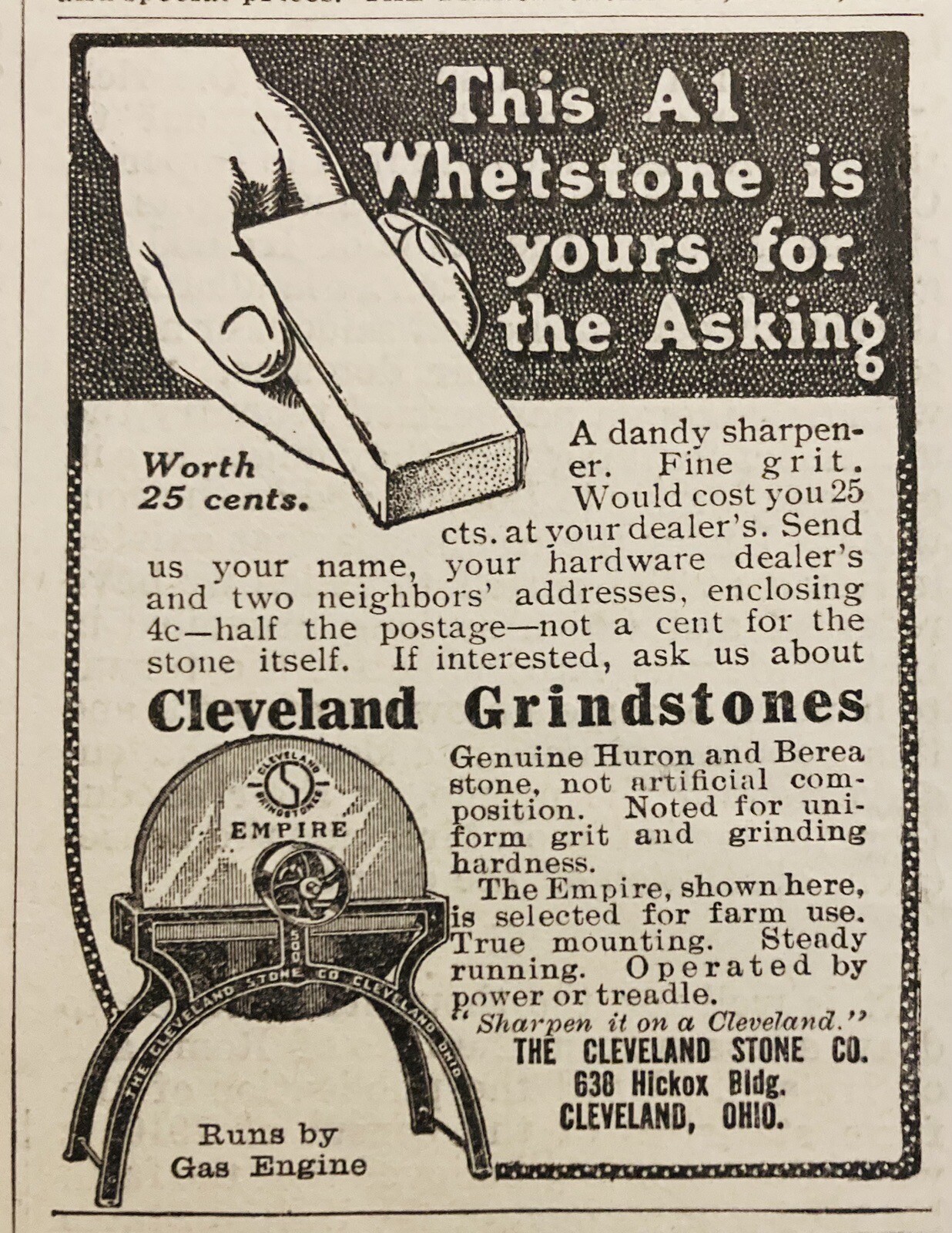 1912 AD.(XH73)~THE CLEVELAND STONE CO. OHIO. CLEVELAND “EMPIRE” GRINDSTONES