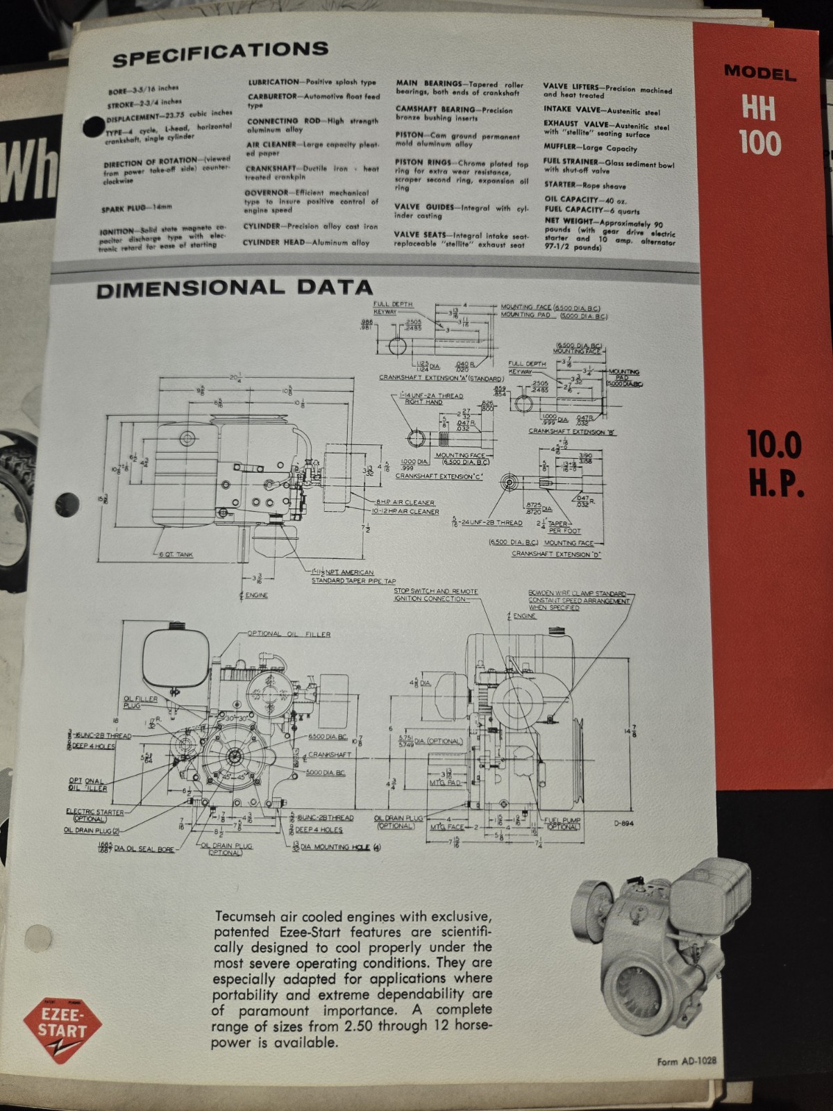 TECUMSEH MODEL HH 100 10HP SPECIFICATIONS AND DIMENSIONAL DATA SHEET 2 SIDED