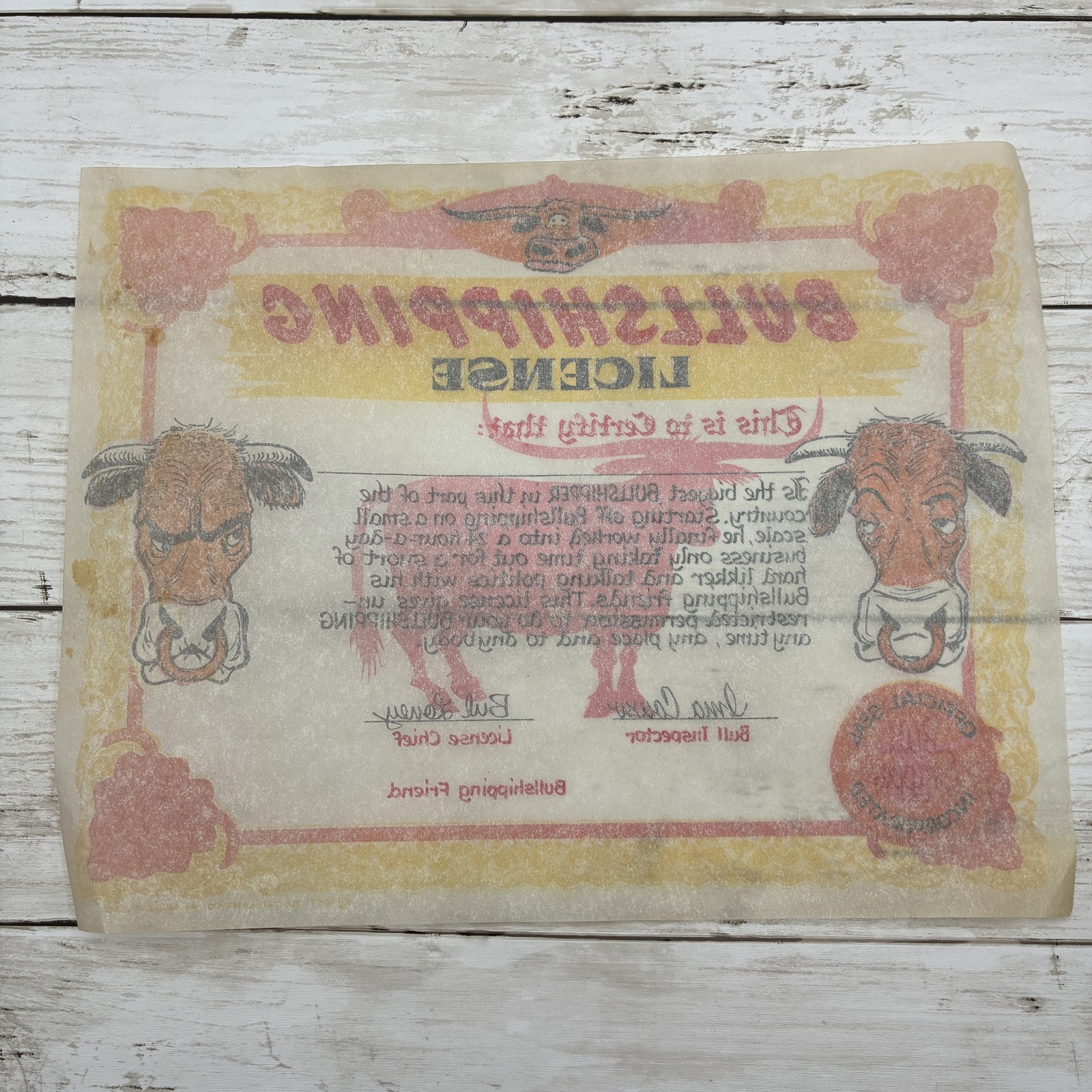 Vintage 1957 Bullshipping License Novelty Gag Gift Baxter Lane Co. Amarillo TX
