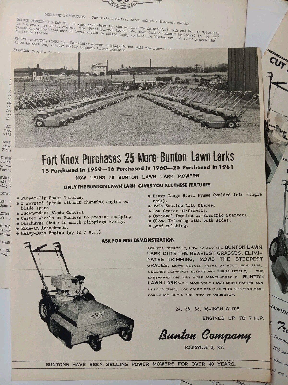 6 Bunton Lawn & Garden Mowers Brochure Lawn LARK, Fort Knox, Instructions
