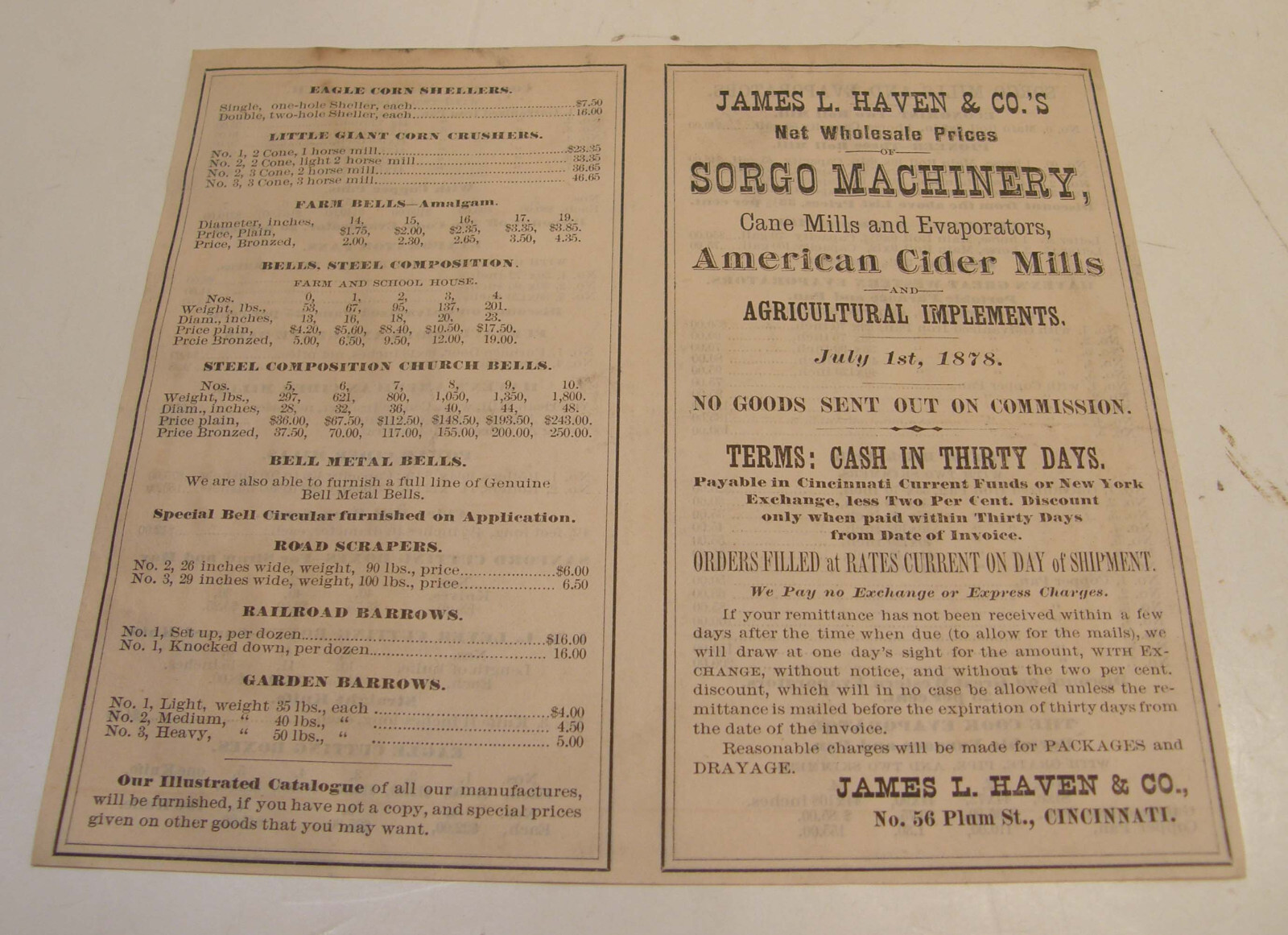 ANTIQUE 1878 AGRICULTURAL MACHINERY PRICE LIST JAMES HAVEN & CO CINCINNATI OH