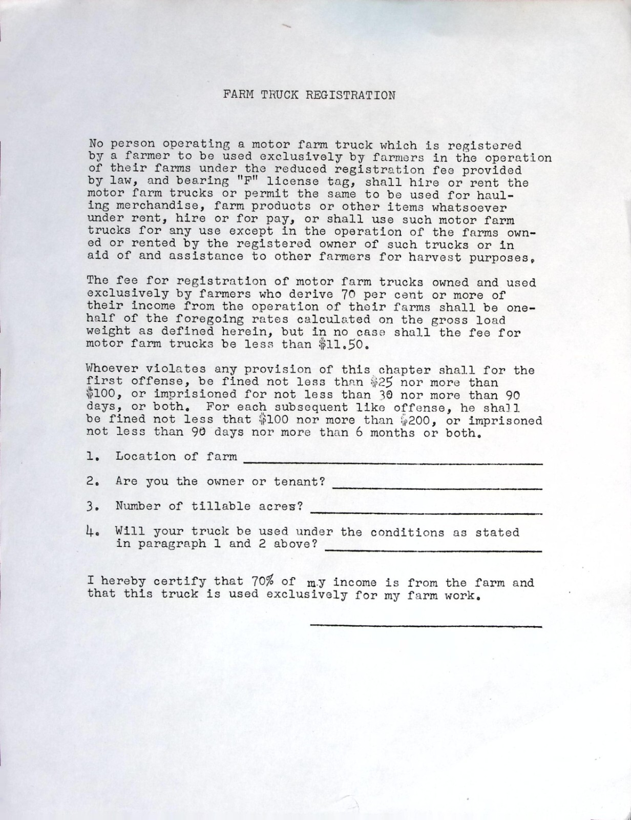 Vintage Farm Truck Registration Form Agriculture Legal Document Rural Farming