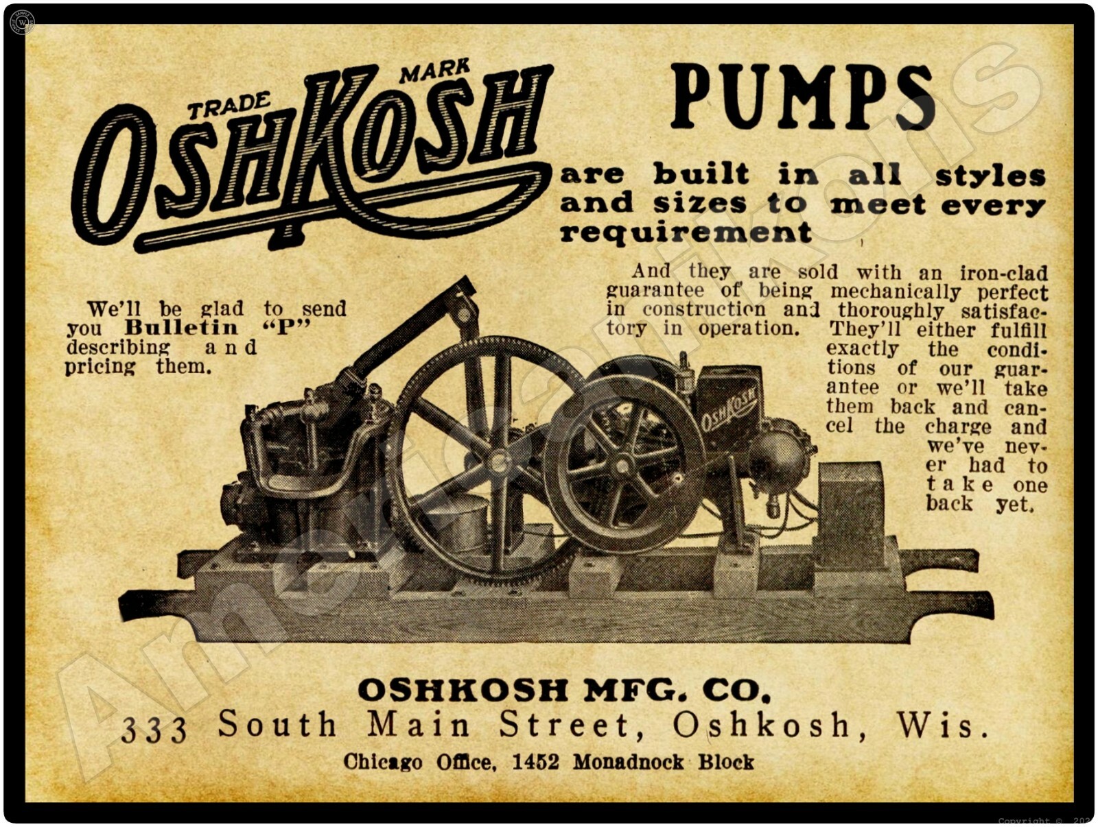 1913 Oshkosh Manufacturing New Metal Sign: Oshkosh Pumps – Oshkosh, Wisconsin