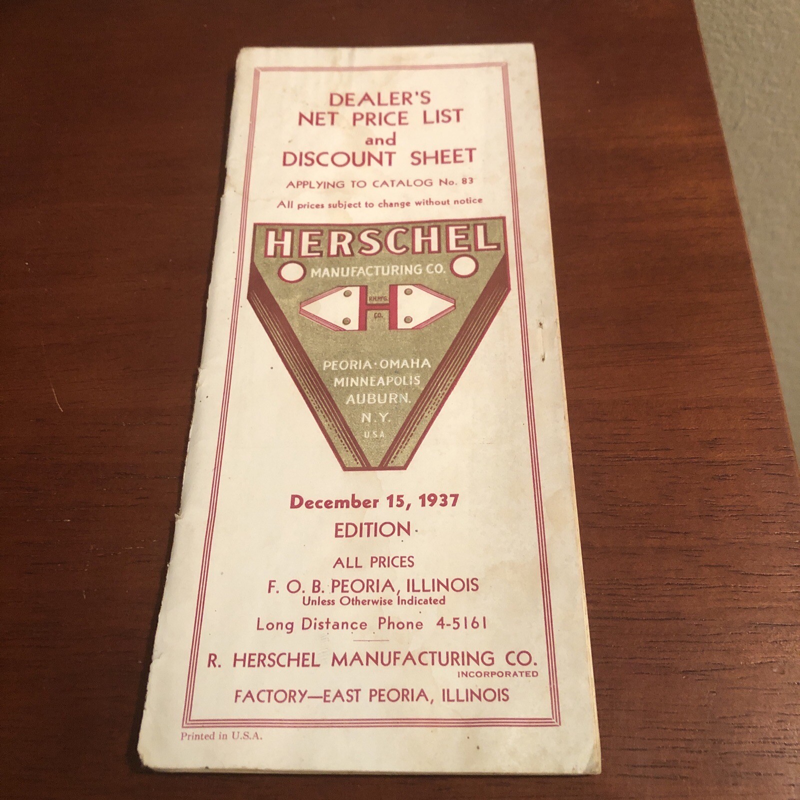 1937 HERSCHEL MANUFACTURING Price List ~ Catalog 83 ~ East Peoria, IL ~ VINTAGE