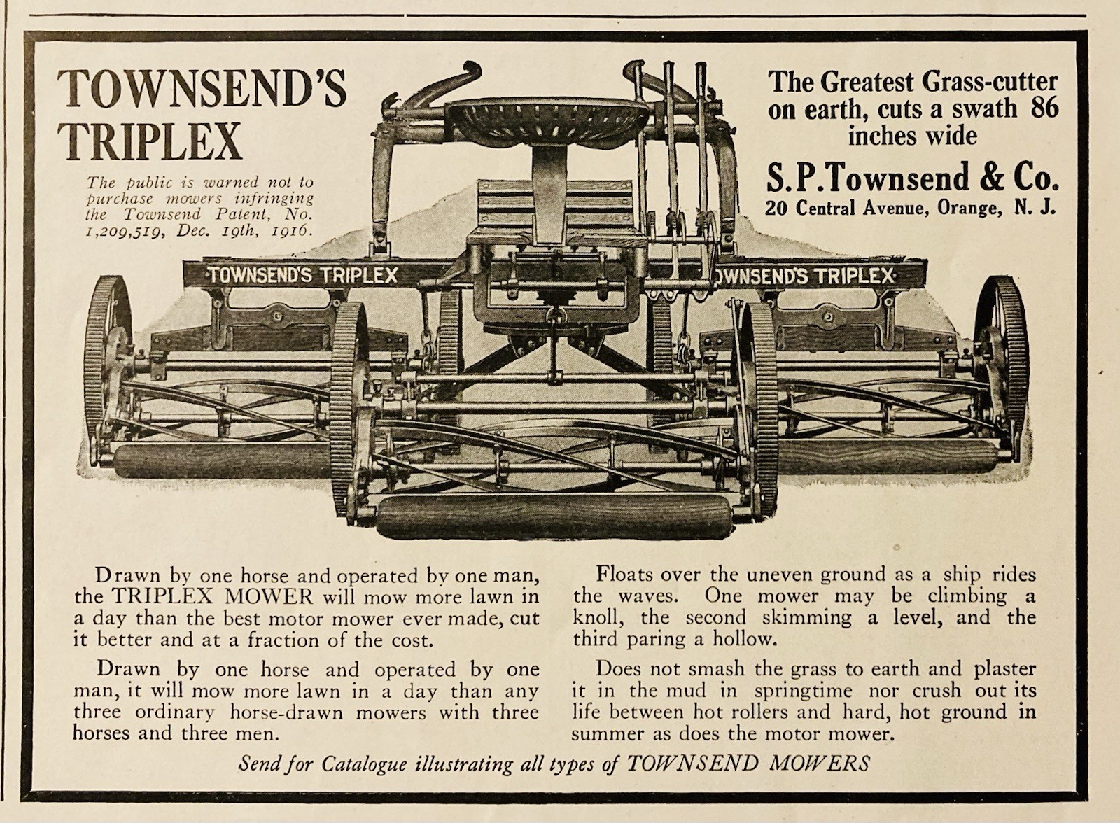 1917 AD.(XH80)~S.P. TOWNSEND CO. ORANGE, NJ. TOWNSEND’S TRIPLEX GRASS MOWER