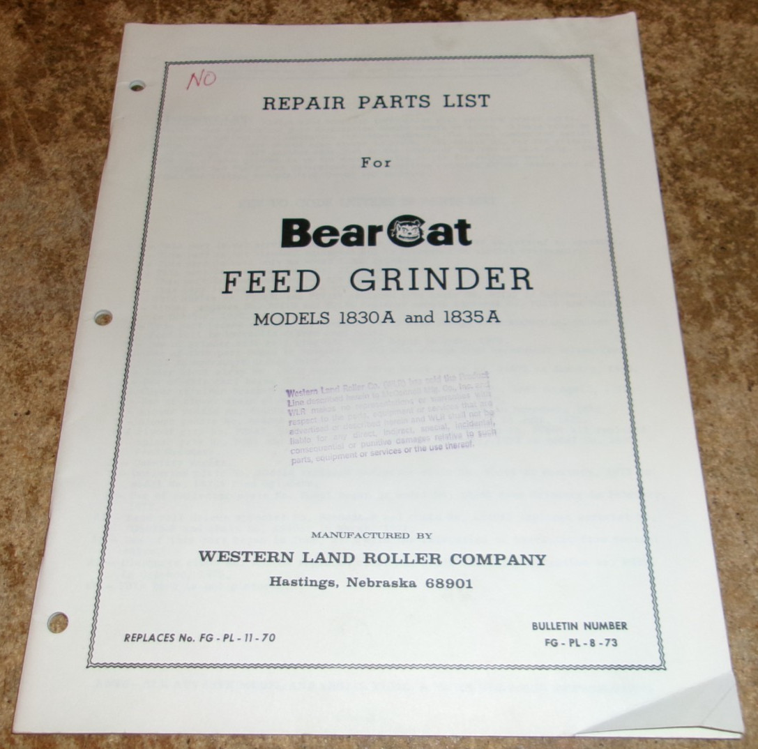 1973 bearcat 1830A/1835A feed grinder repair parts list good shape used