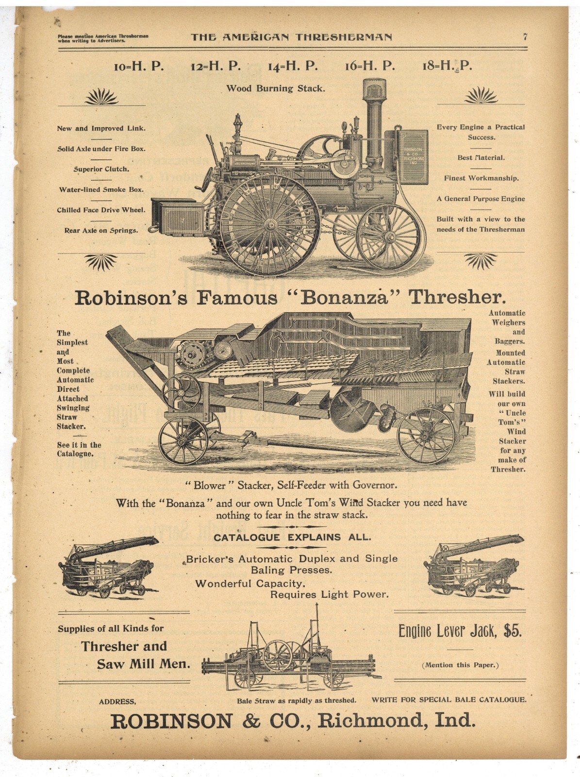 1898 Robinson & Co. Ad: Wood Burning Steam Engine, Thresher – Richmond, Indiana