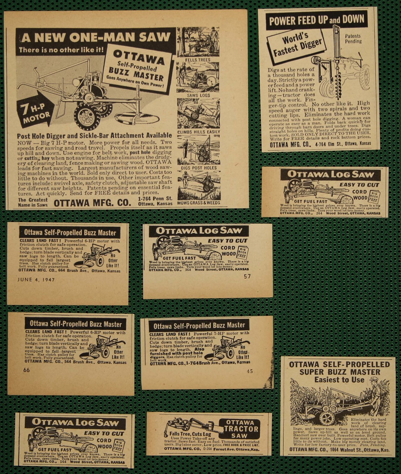 Ottawa Digger Tractor Log Saw Buzz Master Vintage Print Ad LOT of 10 pcs 1946