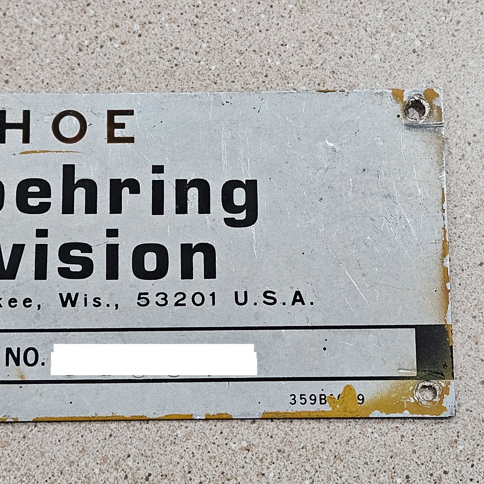 Vintage Koehring Division Milwaukee Excavator Backhoe Metal Data Sign Name Plate