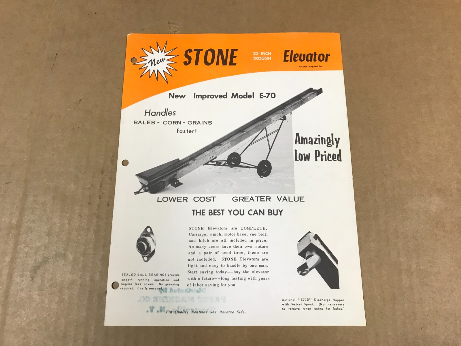 Vintage Stone Model E-70 Elevator Salesman Flyer
