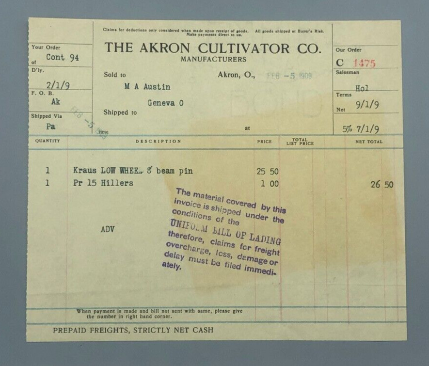 1909 AKRON CULTIVATOR Sulky KRAUS Plow Antique Letter FARM Advertising Ohio