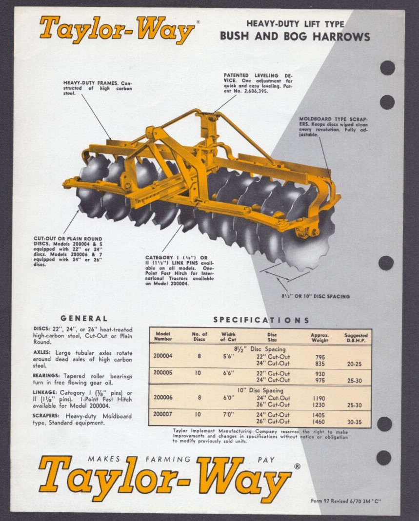 Taylor Implement Manufacturing Lift Type Bush & Bog Harrows Athens TN Brochure