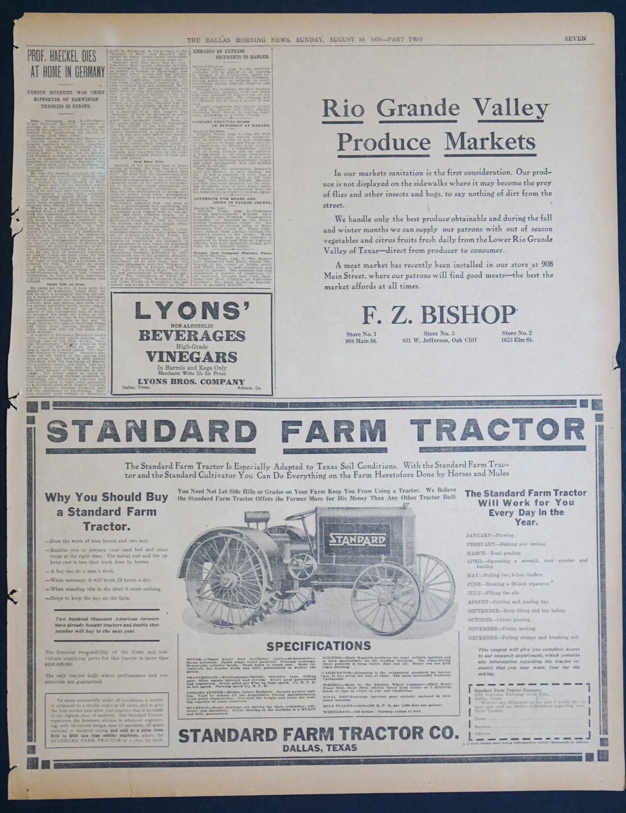 1919 Newspaper Sports Page – Large Dallas, Texas Standard Farm Tractor Ad