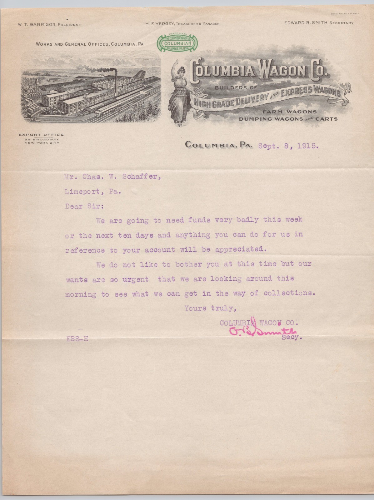 1915 Columbia Wagon Company Columbia PA Illustrated Letterhead BH1-46