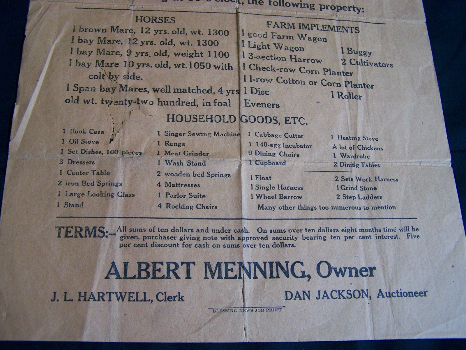ANTIQUE BLESSING, TEXAS 1912 PUBLIC SALE POSTER/BROADSIDE~HORSES/FARM IMPLEMENTS
