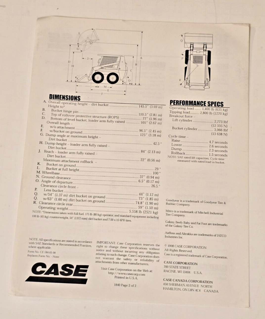 1998 Case 1840 Skid Steer Spec Sheet Dealer Information Advertising Brochure