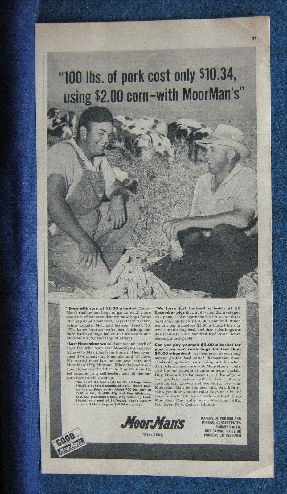 Orig. 1952 Moorman&rsquo;s Ad Features Saline County, Mo. Hog Farmer Praises Mintrate