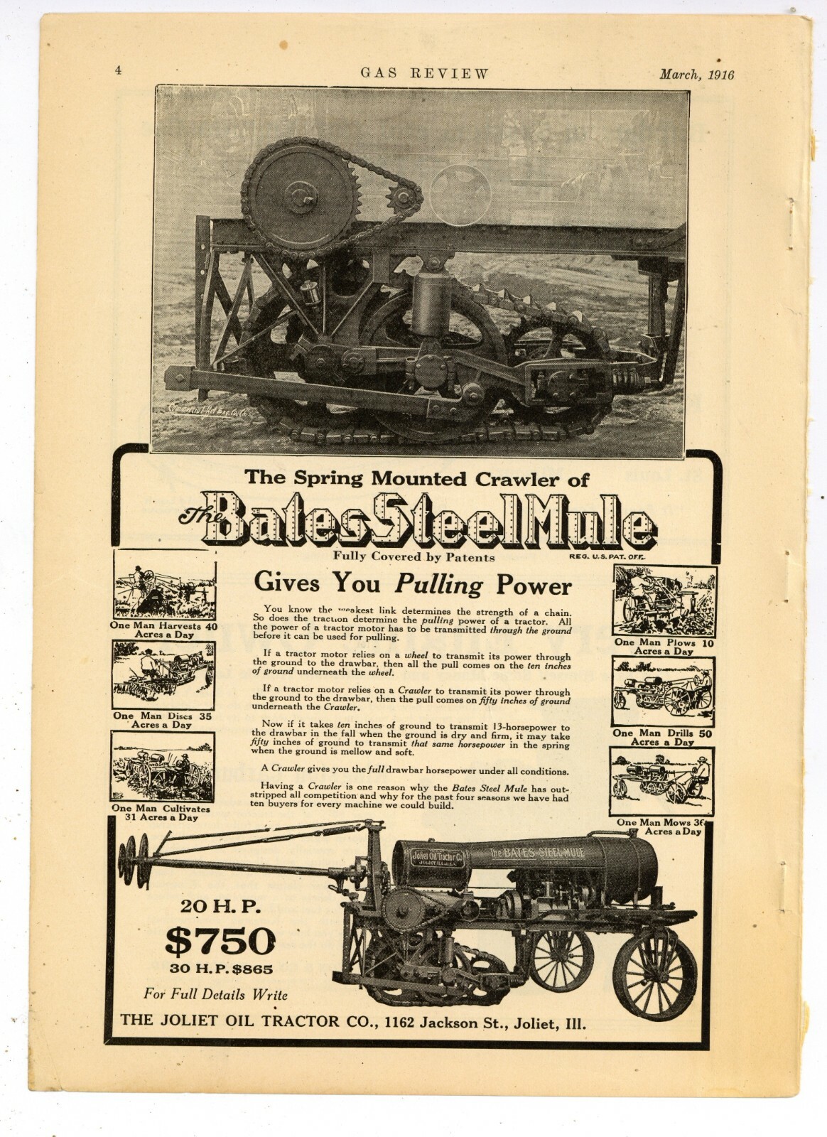 1916 Joliet Oil Tractor Co. Ad: Bates Steel Mule Crawler Tractor – Joliet, IL