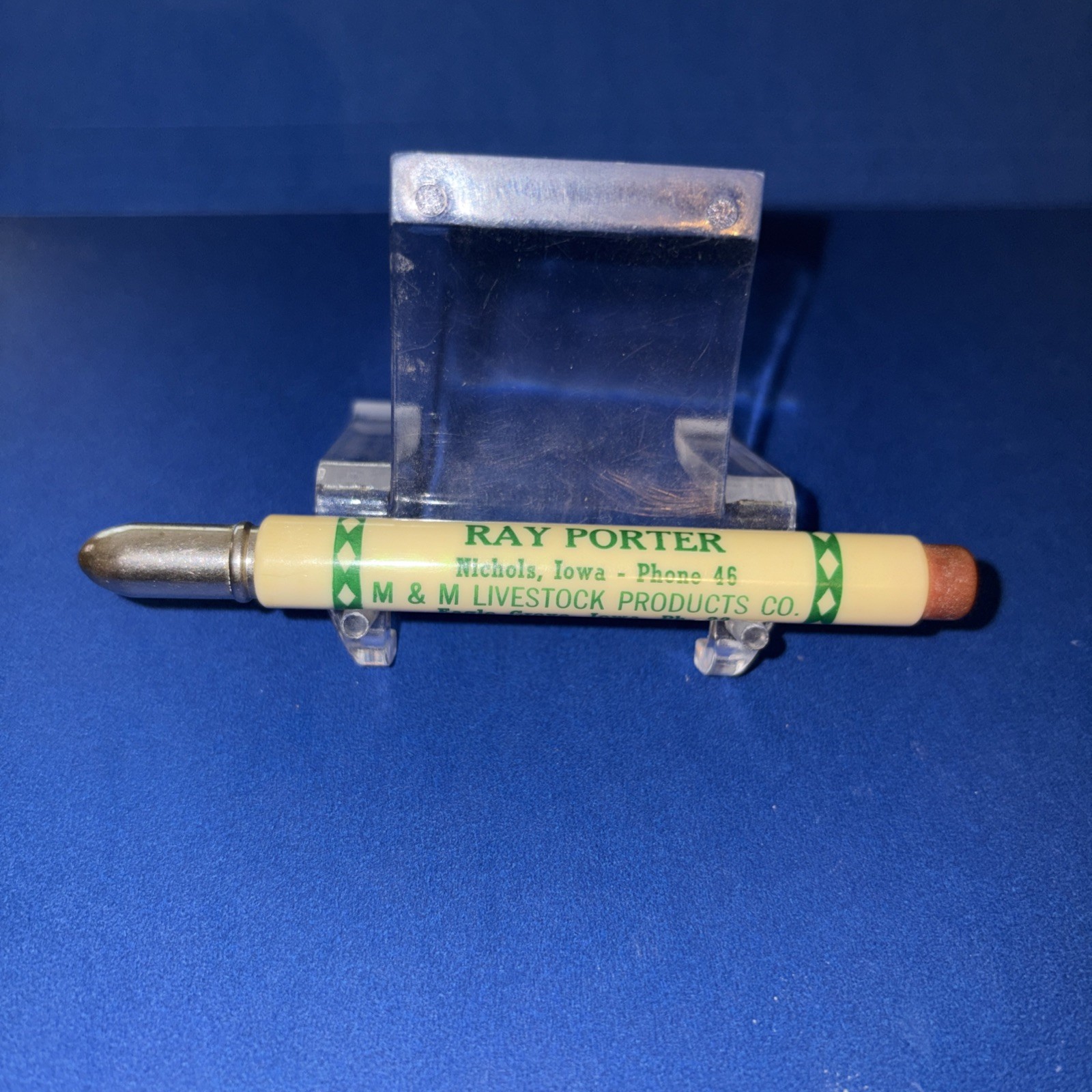 Vtg M & M Livestock Products Bullet Pencil Ray Porter – Nichols, Iowa Vtg Ph #