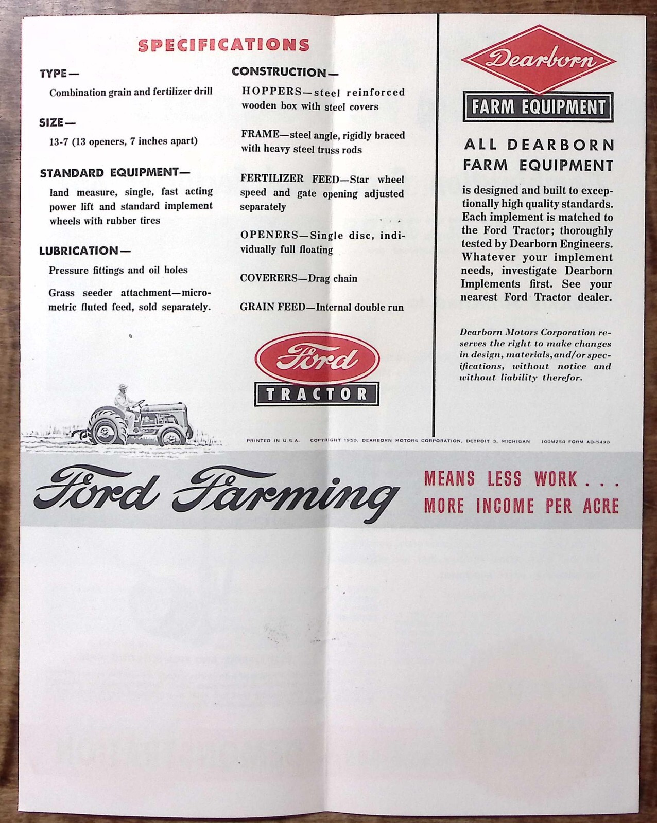 1950 DEARBORN-PEORIA GRAIN DRILL FORD TRACTOR ADVERTISING SALES BROCHURE Z6116