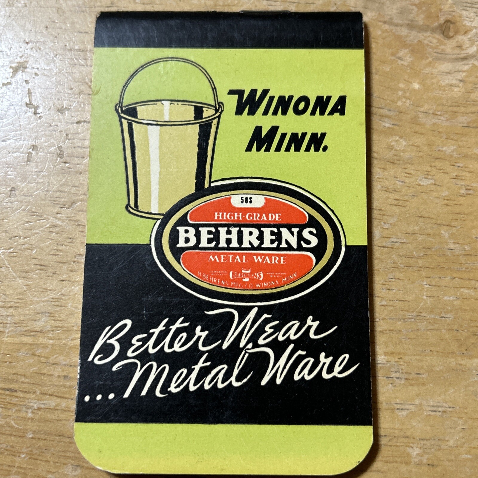 BEHRENS METALWARE Galvanized Steel Advertising Pocket Book Winona Minnesota