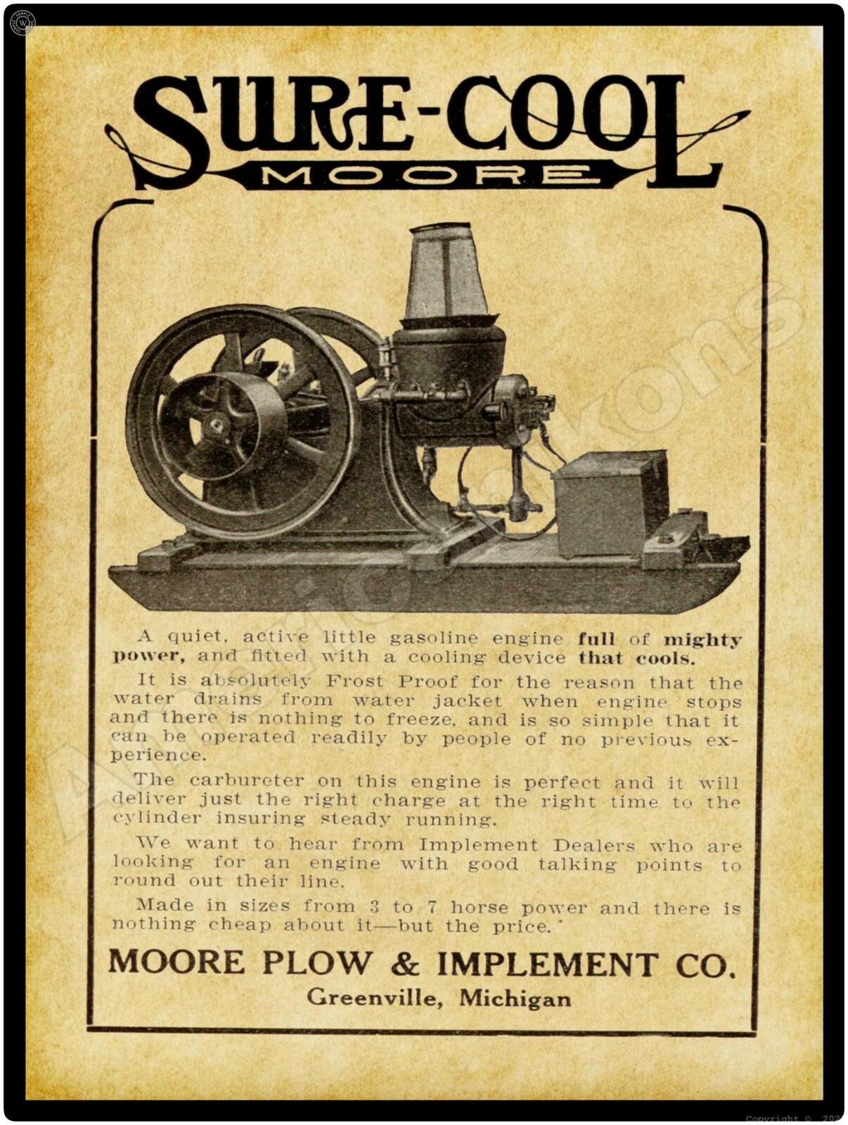 1910 Moore Plow & Implement Gas Engines New Metal Sign: LARGE SIZE 12 x 16