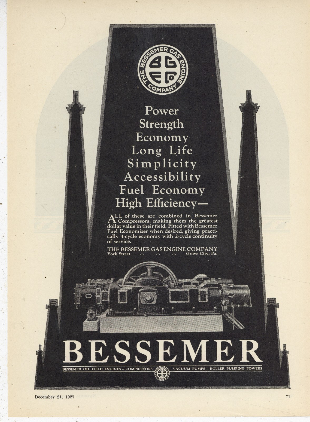 1927 Bessemer Gas Engine Co. of Grove City PA Ad: REV is Champlin Oil Christmas