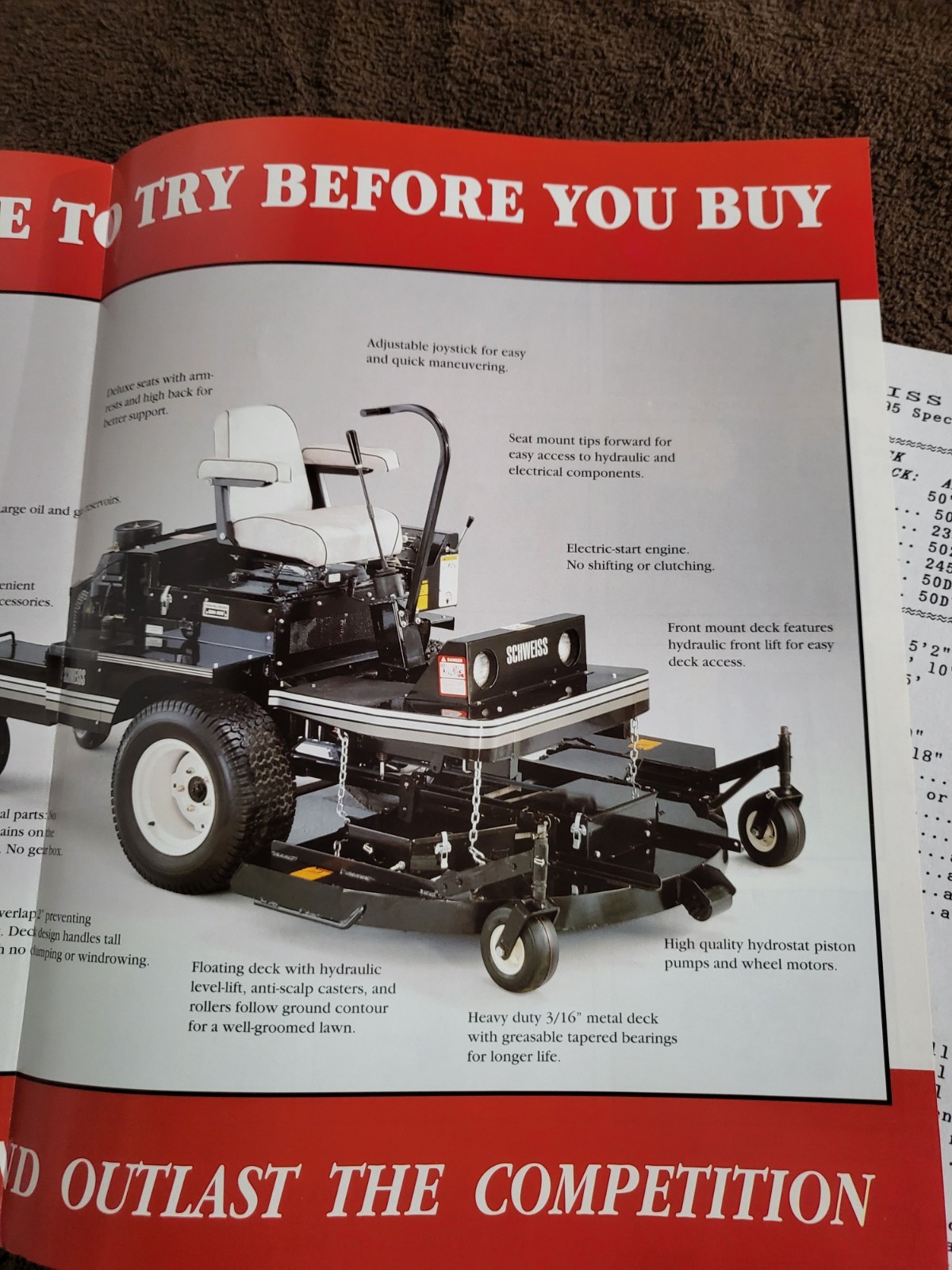 Vintage 1995 SCHWEISS SALES BROCHURE Magnum Zero Turn Lawn Mower 2350 thru 7225