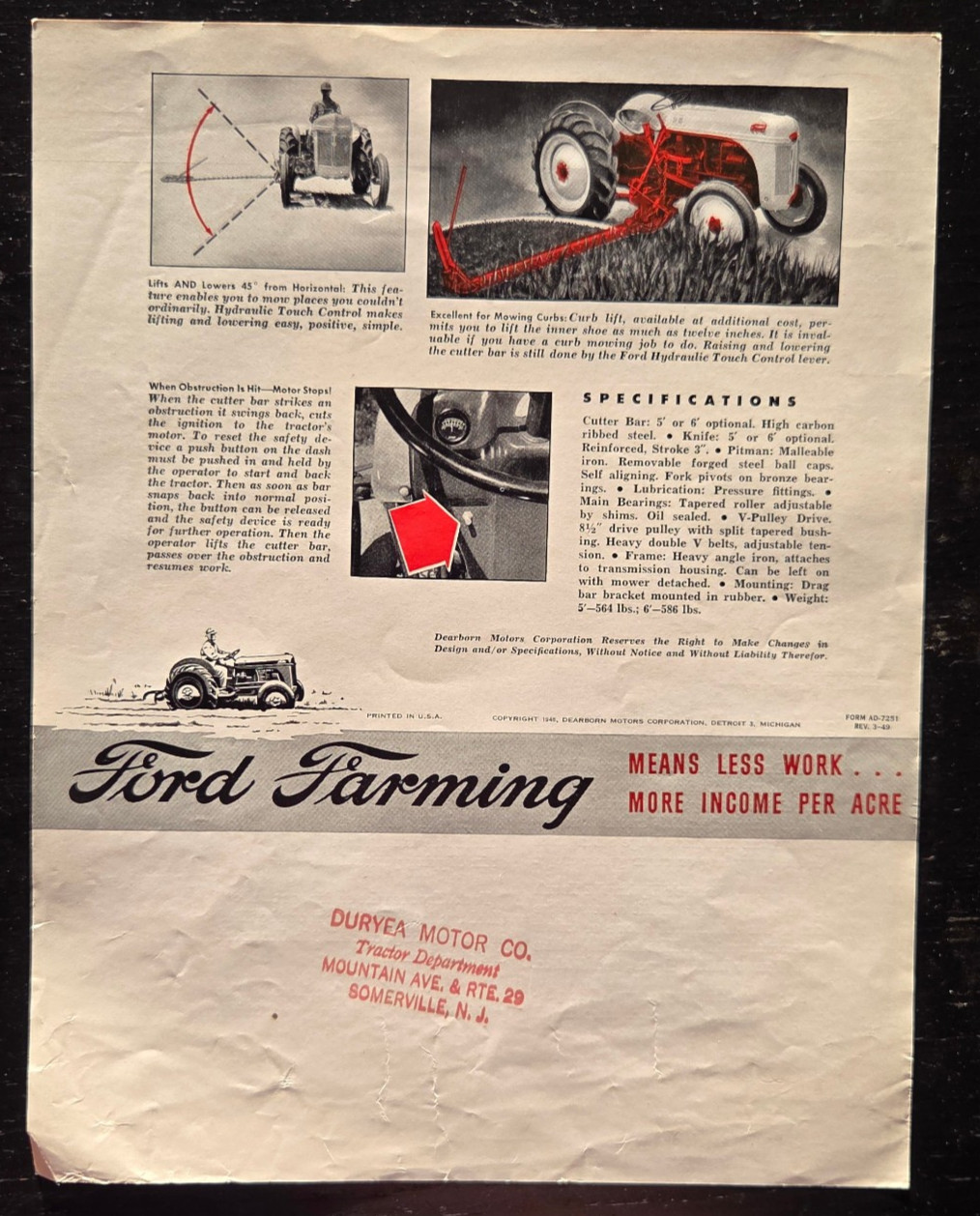 1949 FORD TRACTOR DEARBORN FARM EQUIPMENT SIDE MOUNTED MOWER COLOR SPEC SHEET