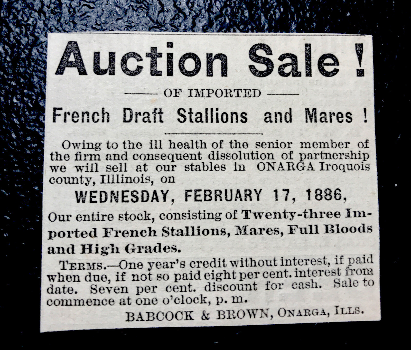 1886 Horse Auction Sale Farm Advertising – Onarga – Illinois