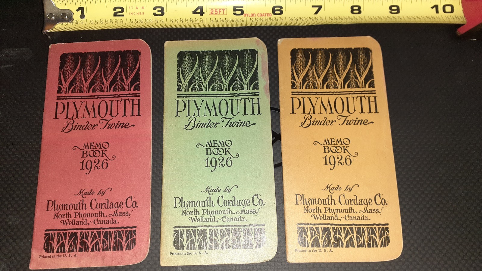 3 PLYMOUTH CORDAGE/BINDER TWINE POCKET MEMO&rsquo;S, MINTY UNUSED, 1926 3 COLORS,